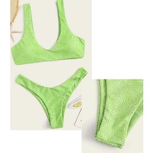 Lime Green with White Dot Print High Leg Bikini